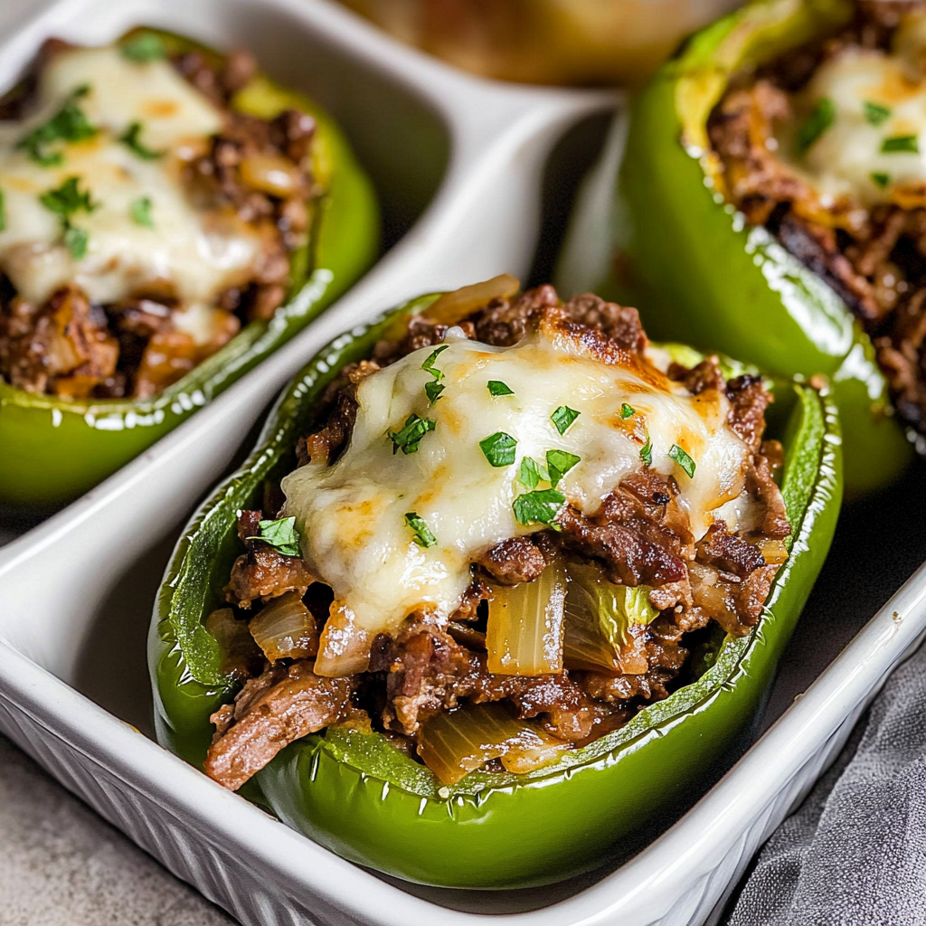 Recipe preparation for Keto Philly Cheesesteak Stuffed Peppers