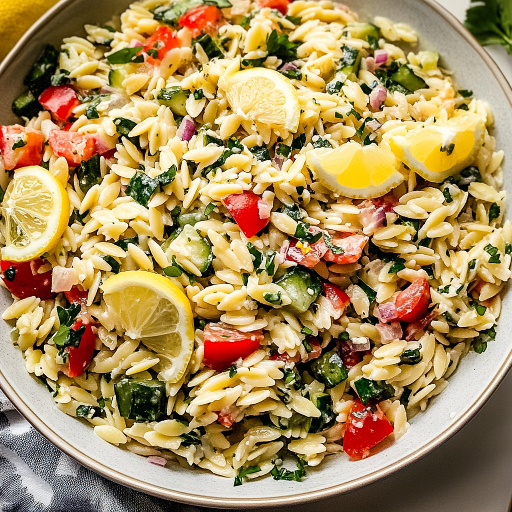 Recipe preparation for Orzo Pasta Salad with Lemon Vinaigrette