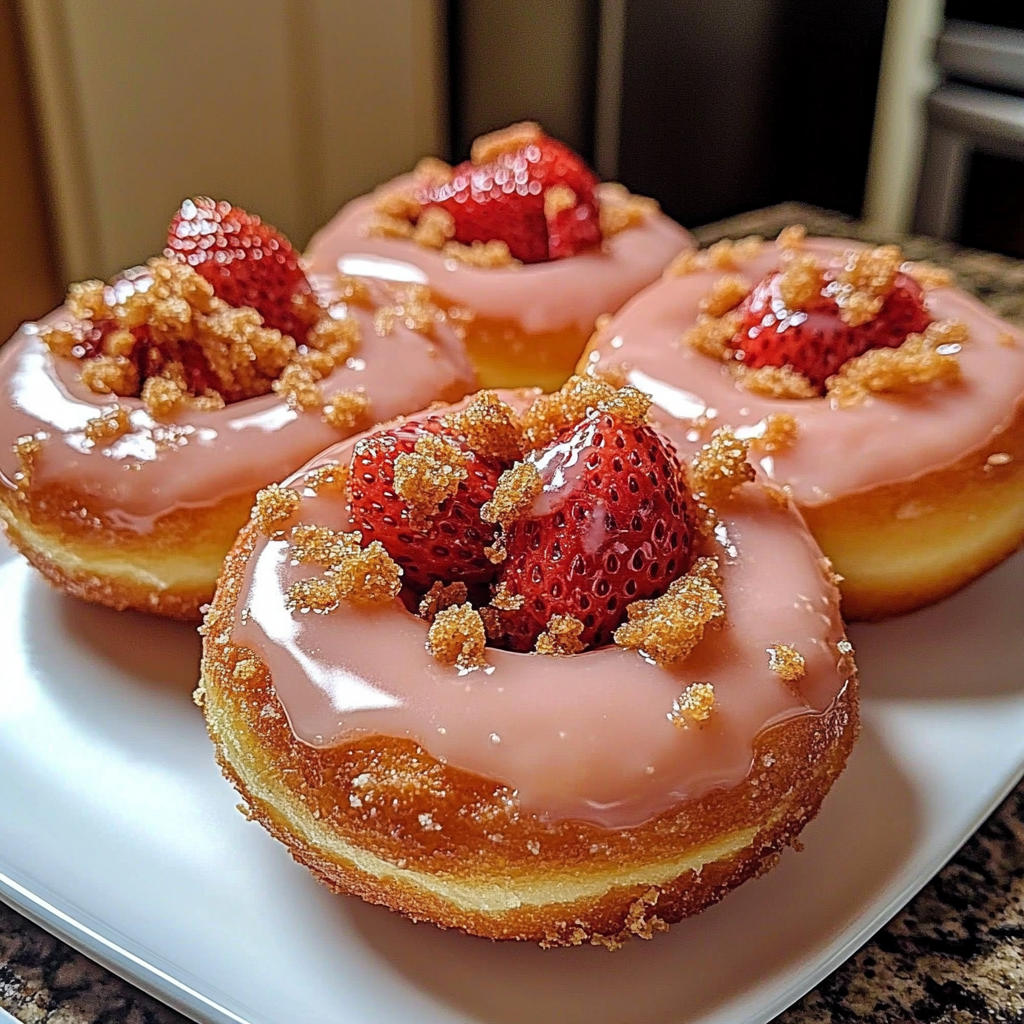 Recipe preparation for Freshly Glazed Strawberry Crunch Donuts