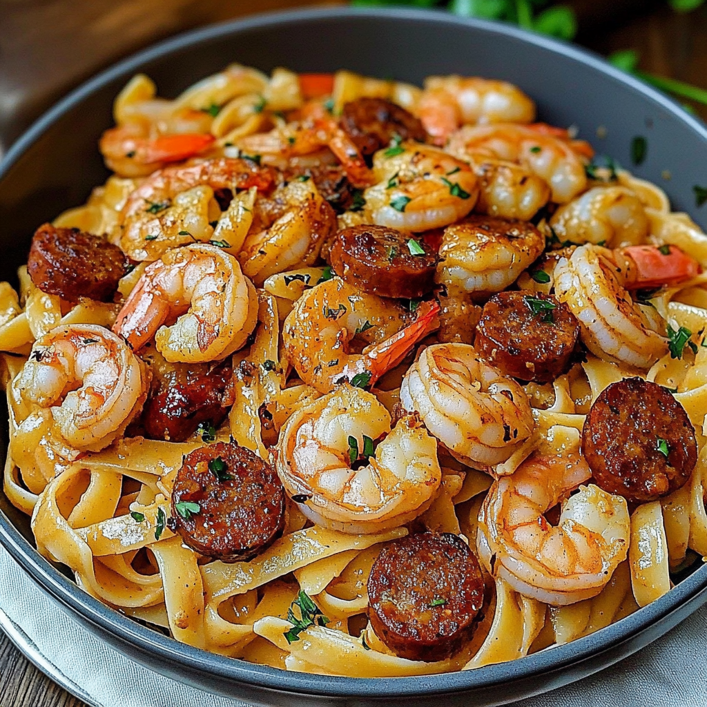 Recipe preparation for Creamy Cajun Shrimp Pasta with Sausage