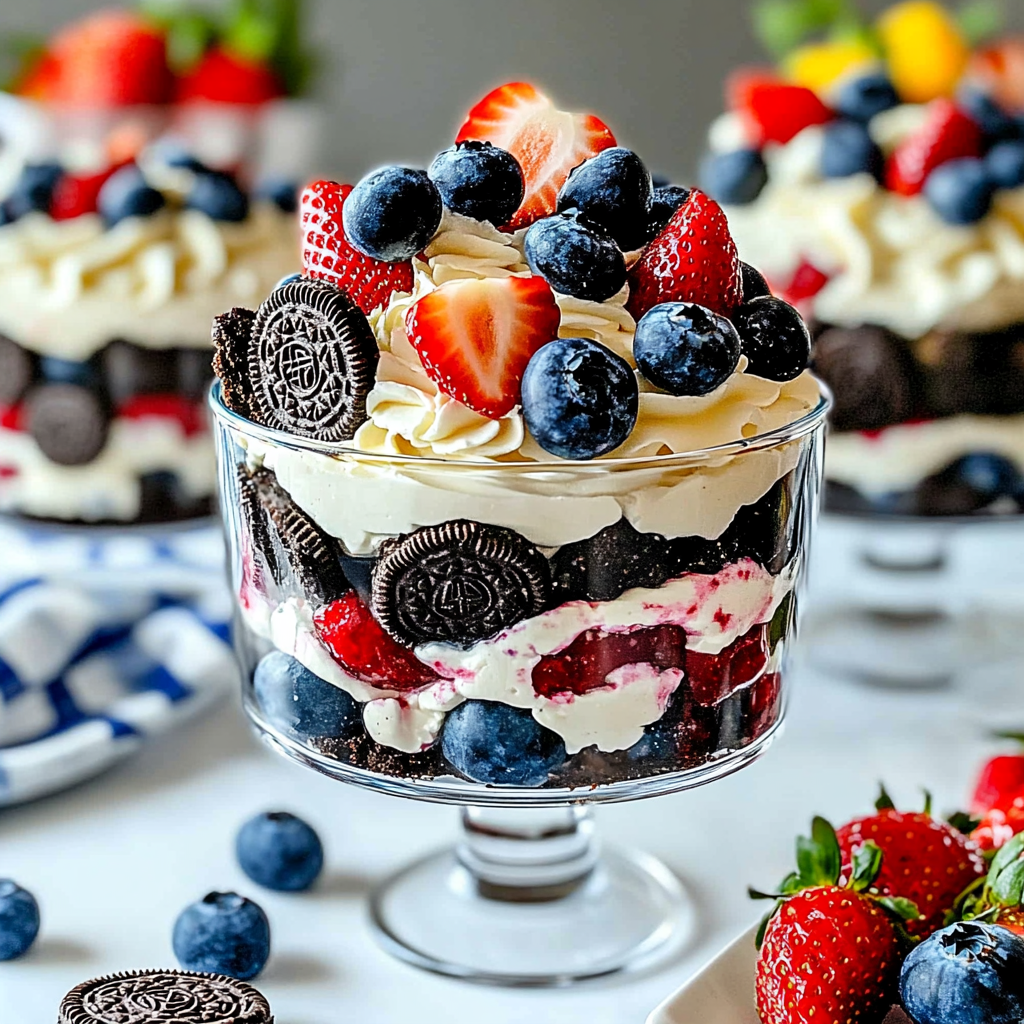 Recipe preparation for Oreo Trifle with Blueberries and Strawberries