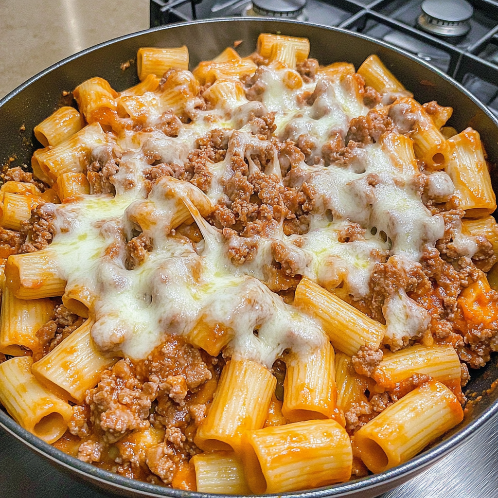 Recipe preparation for Cheesy Beef Rigatoni