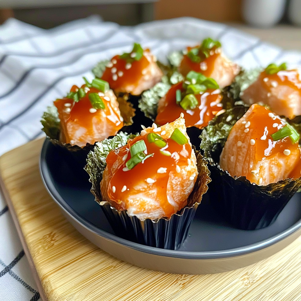 Recipe preparation for Spicy Salmon Sushi Cups