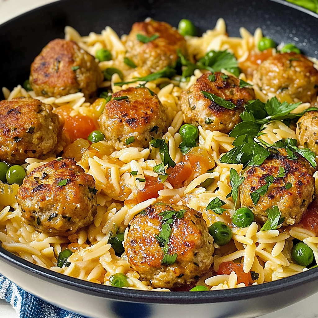 Recipe preparation for Mediterranean Chicken Meatballs and Orzo