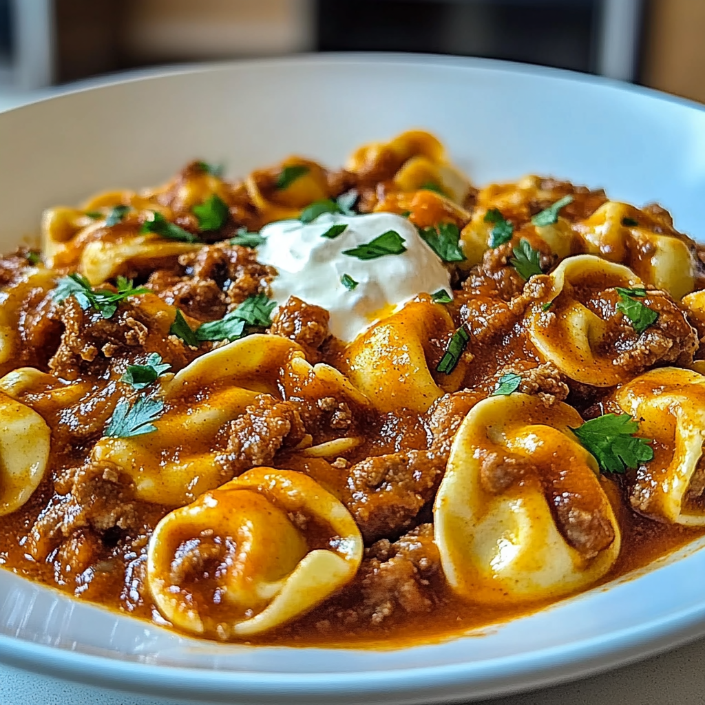 Recipe preparation for Cheesy Beef Enchilada Tortellini