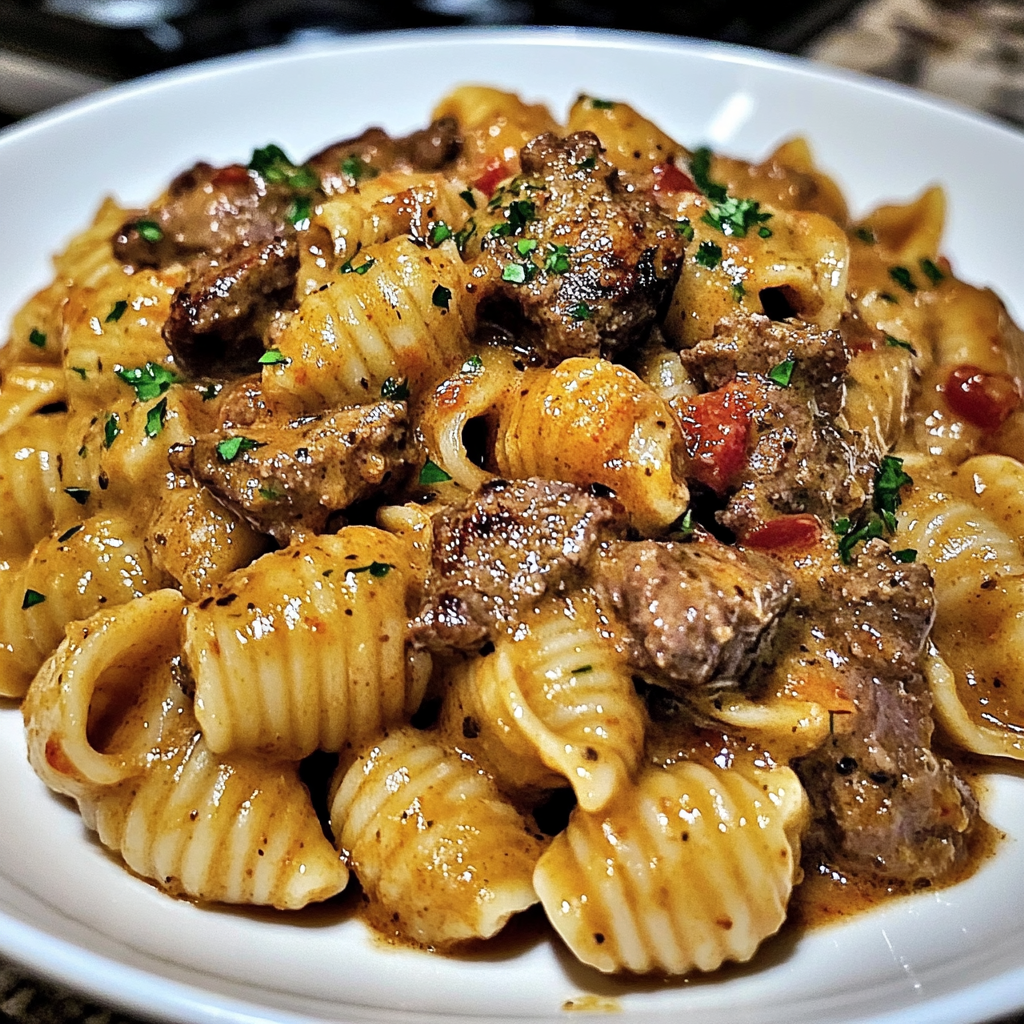 Recipe preparation for Creamy Paprika Steak Shells Rich