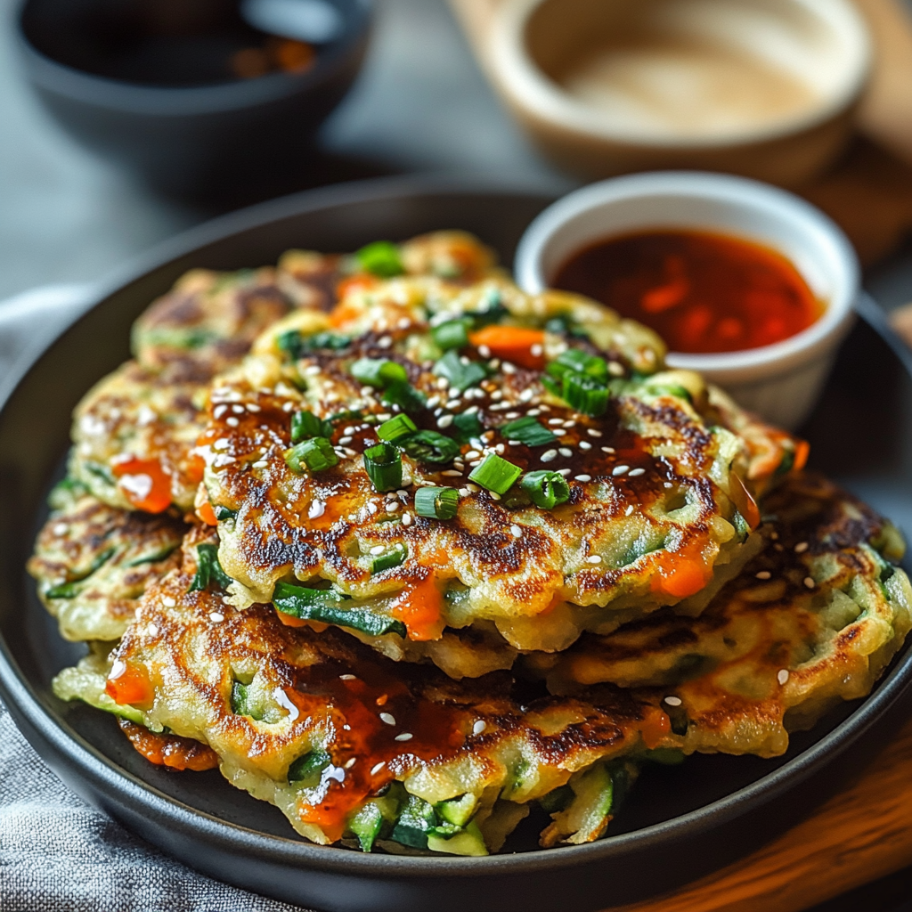 Recipe preparation for Veggie Pancakes with Asian Dipping Sauce