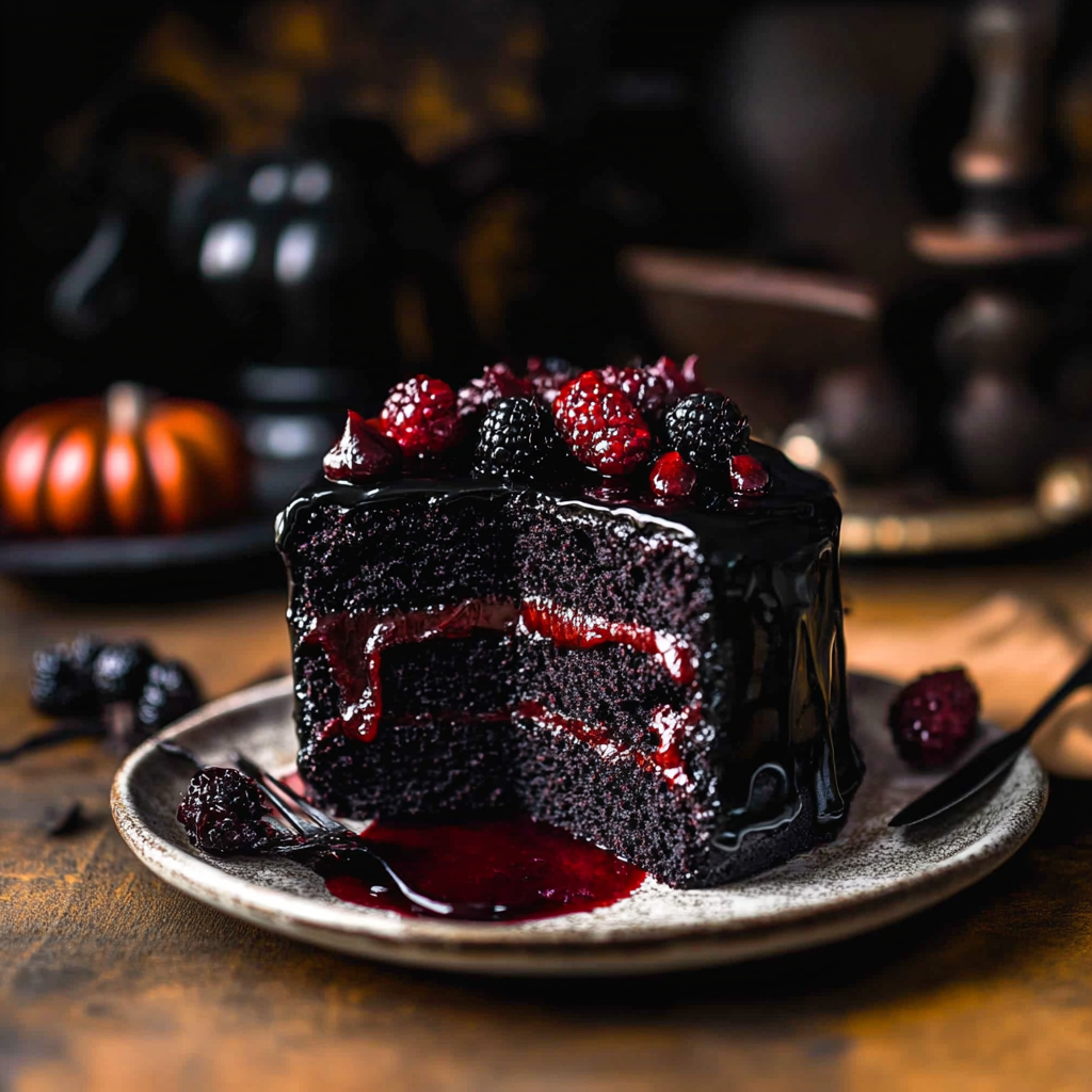 Recipe preparation for Spooky Black Velvet Halloween Cake