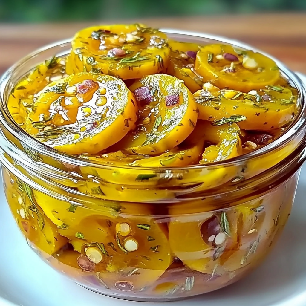 Recipe preparation for Sweet and Tangy Yellow Squash Pickles