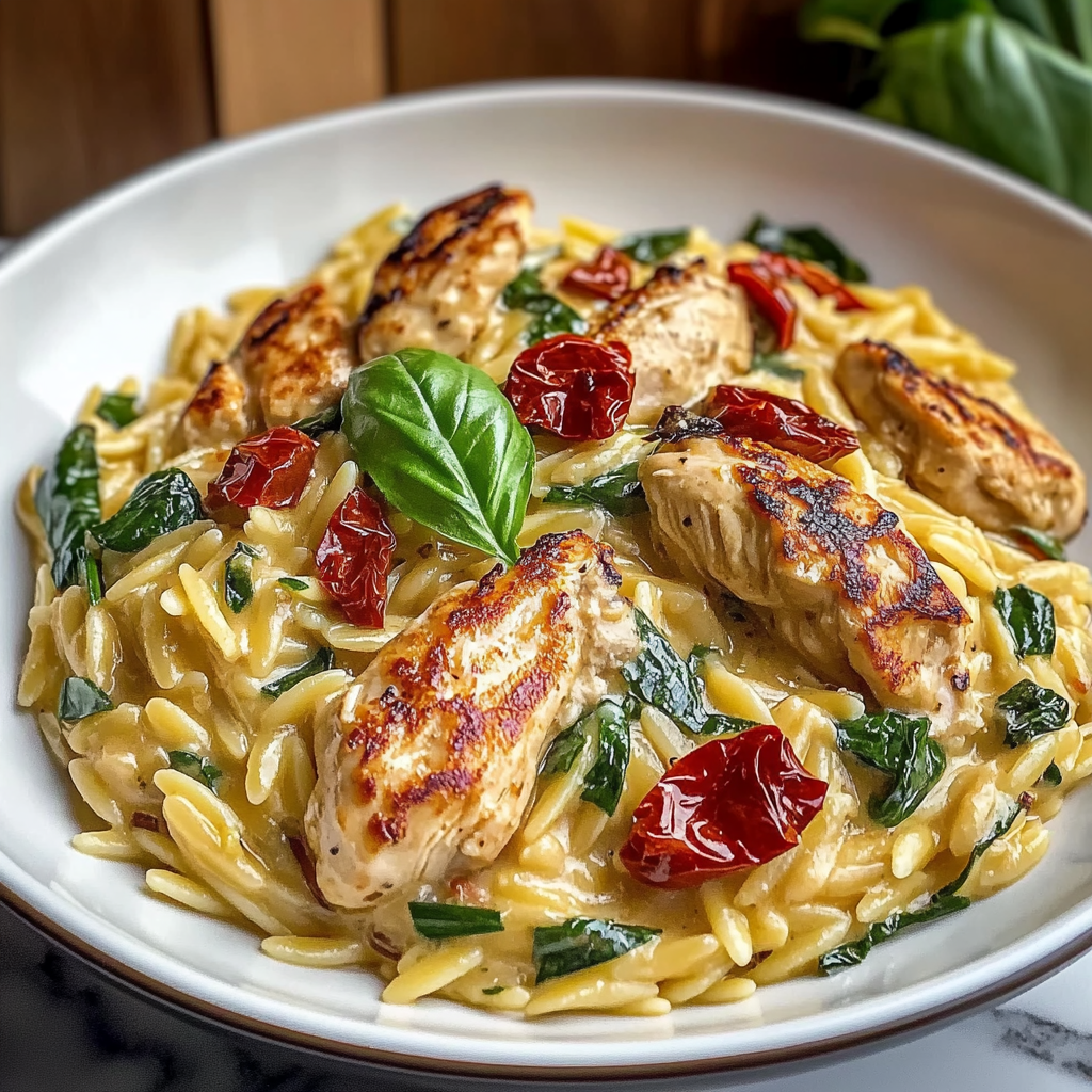 Recipe preparation for Slow Cooker Creamy Tuscan Chicken Orzo