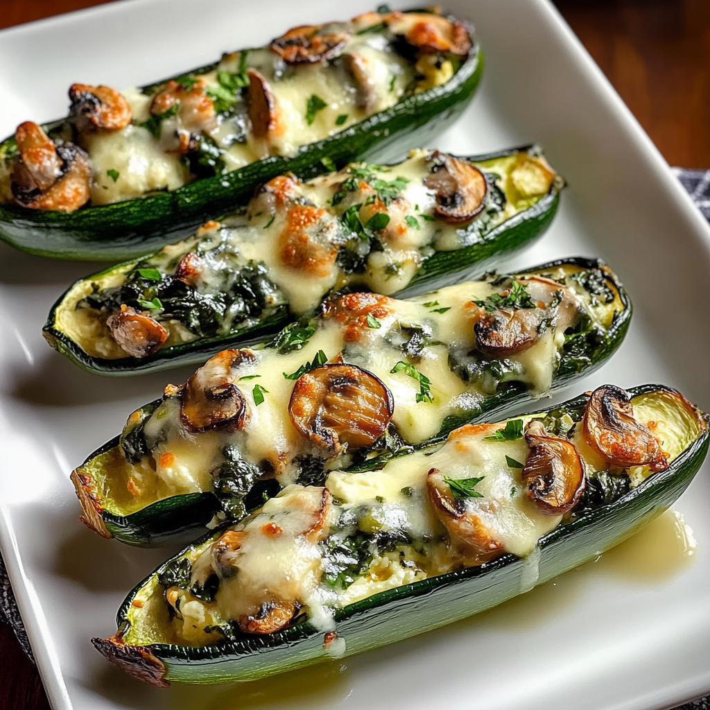 Recipe preparation for Spinach, Mushroom, and Ricotta Stuffed Zucchini Boats