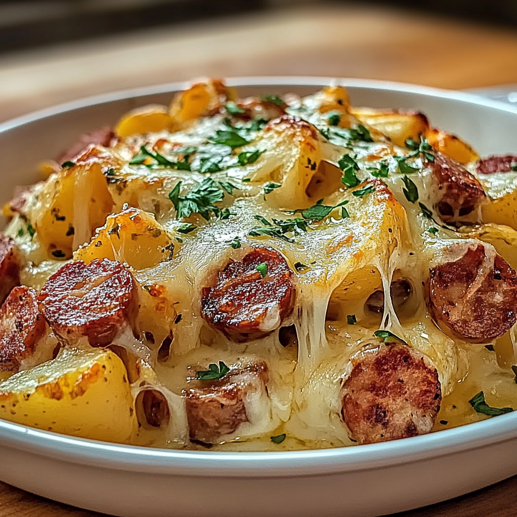 Recipe preparation for Cheesy Ranch Potatoes Sausage
