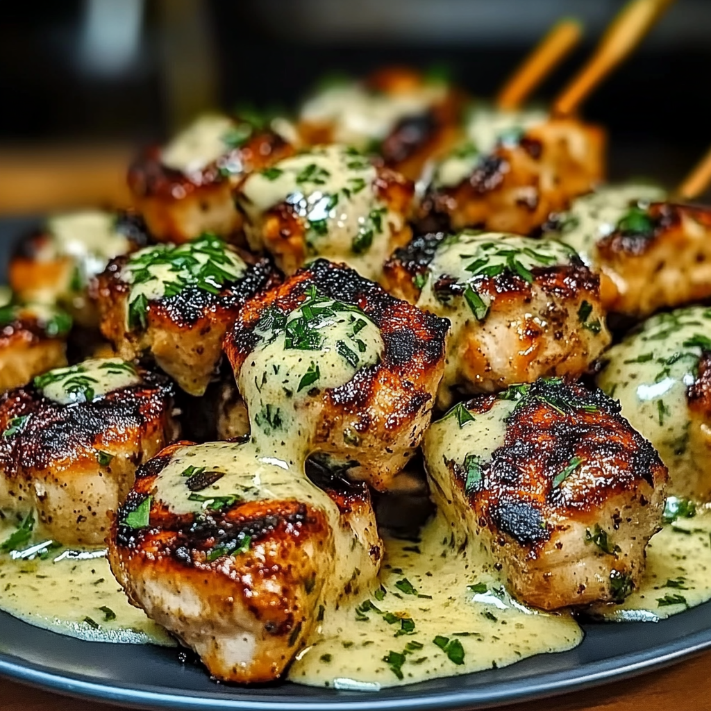 Recipe preparation for Delicious Grilled Chicken Bites with Creamy Garlic Sauce