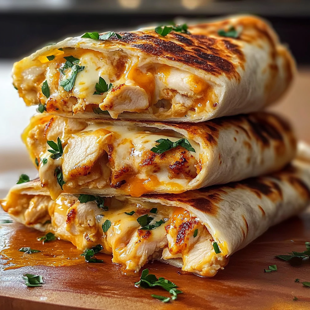 Recipe preparation for Ooey-Gooey Cheesy Garlic Chicken Wraps