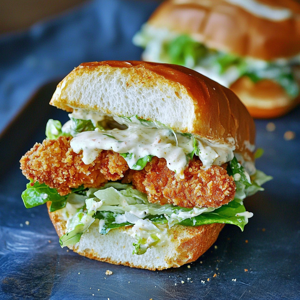 Recipe preparation for Crispy Chicken Caesar Sandwich