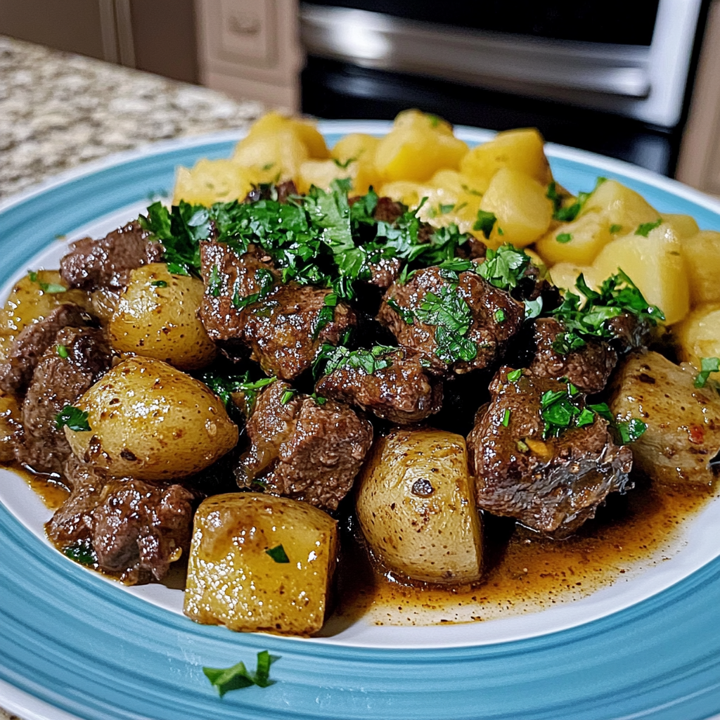 Recipe preparation for Slow Cooker Garlic Butter Steak Bites & Potatoes