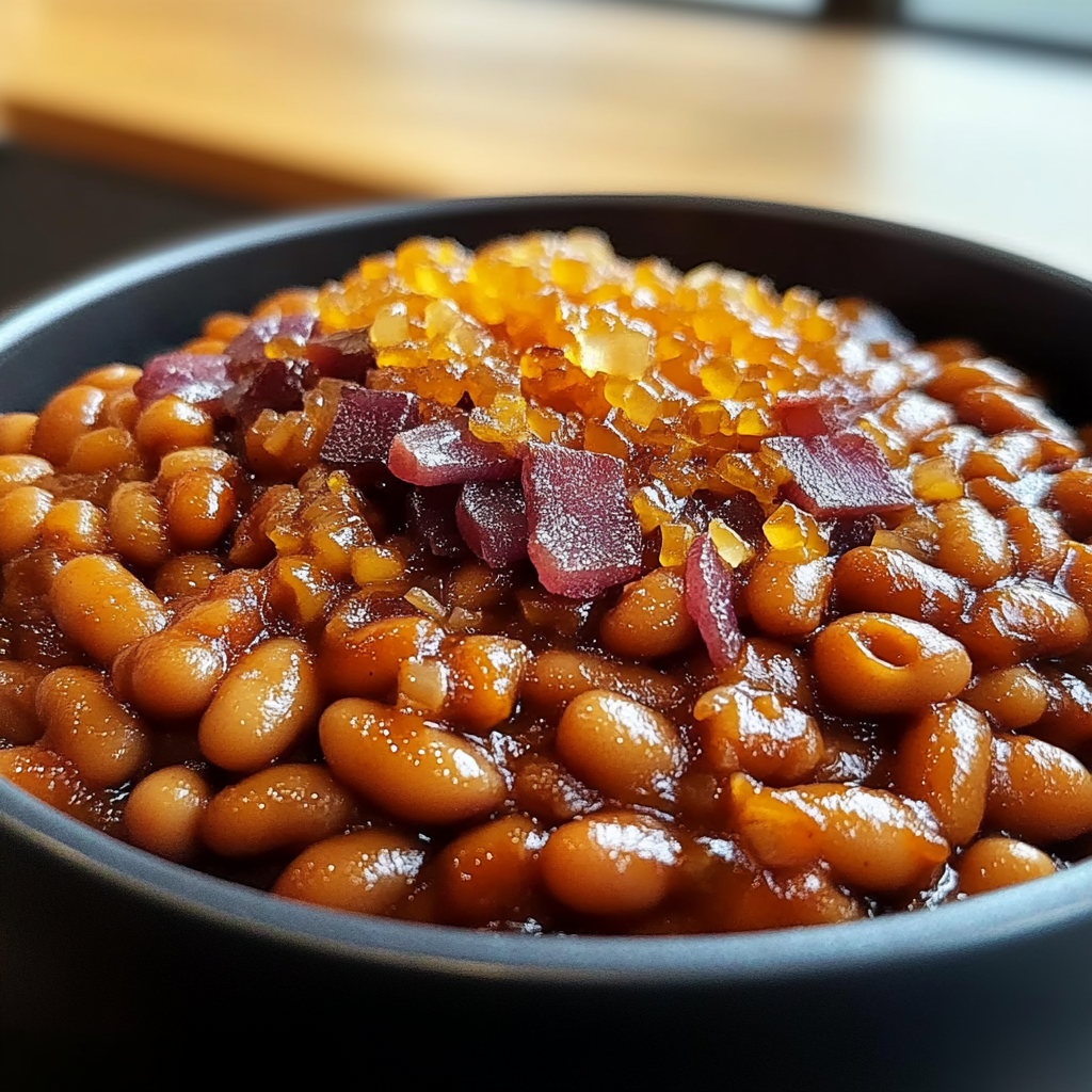Recipe preparation for Maple Bourbon Baked Beans