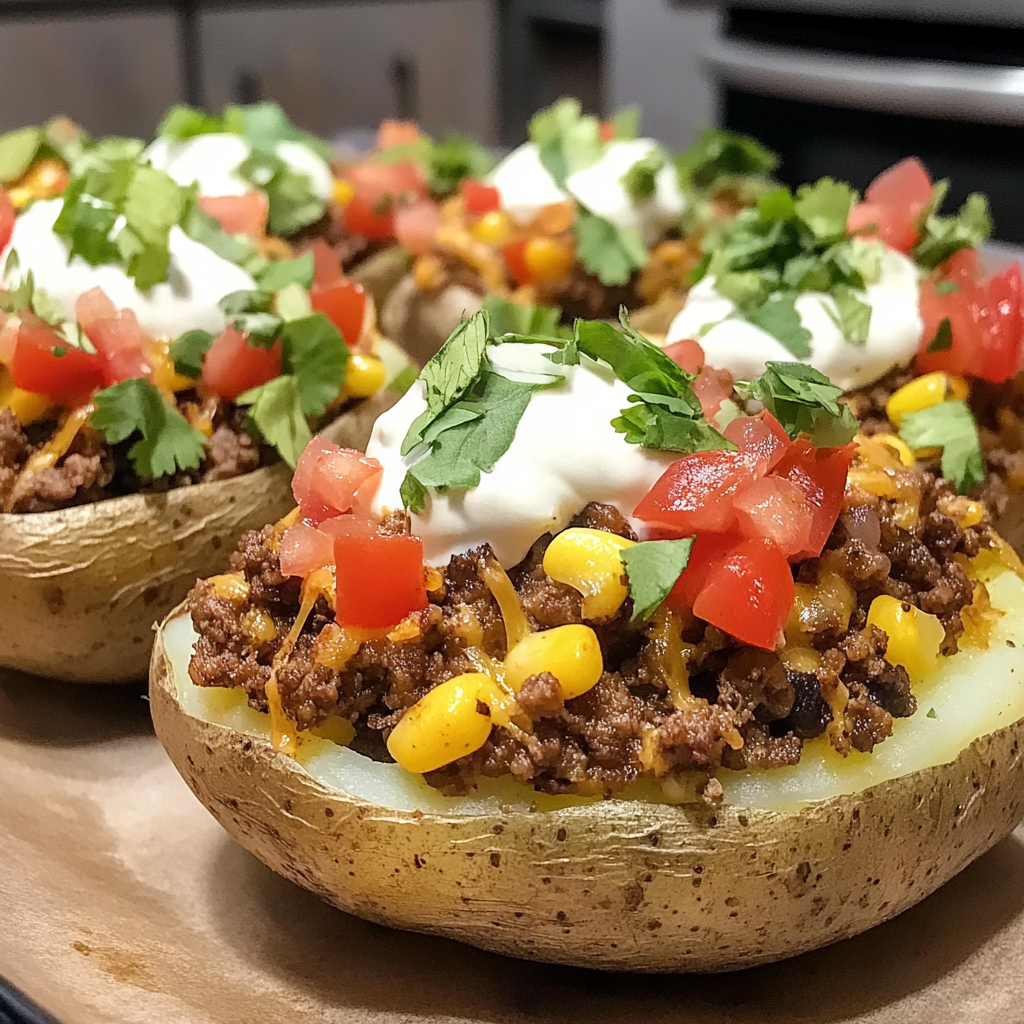 Recipe preparation for Taco Stuffed Baked Potatoes