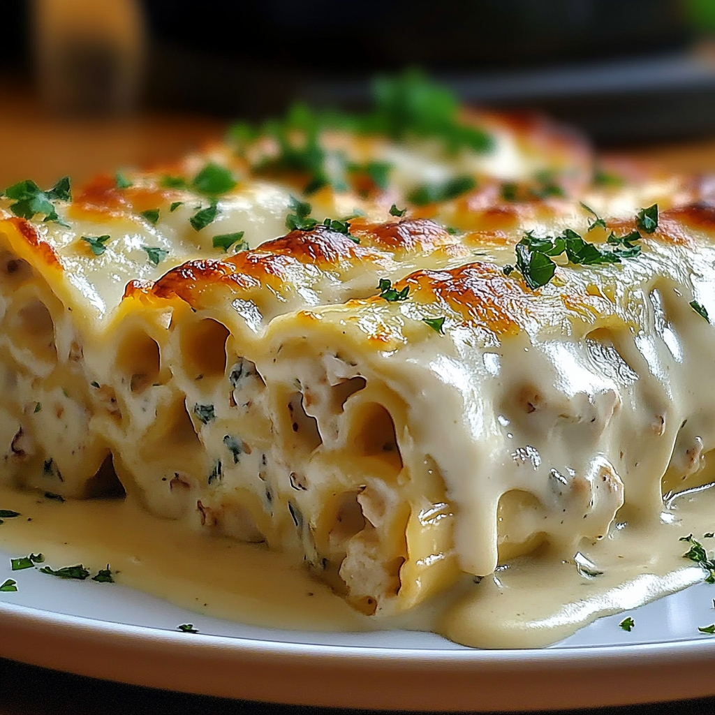 Recipe preparation for Chicken Alfredo Lasagna Rolls