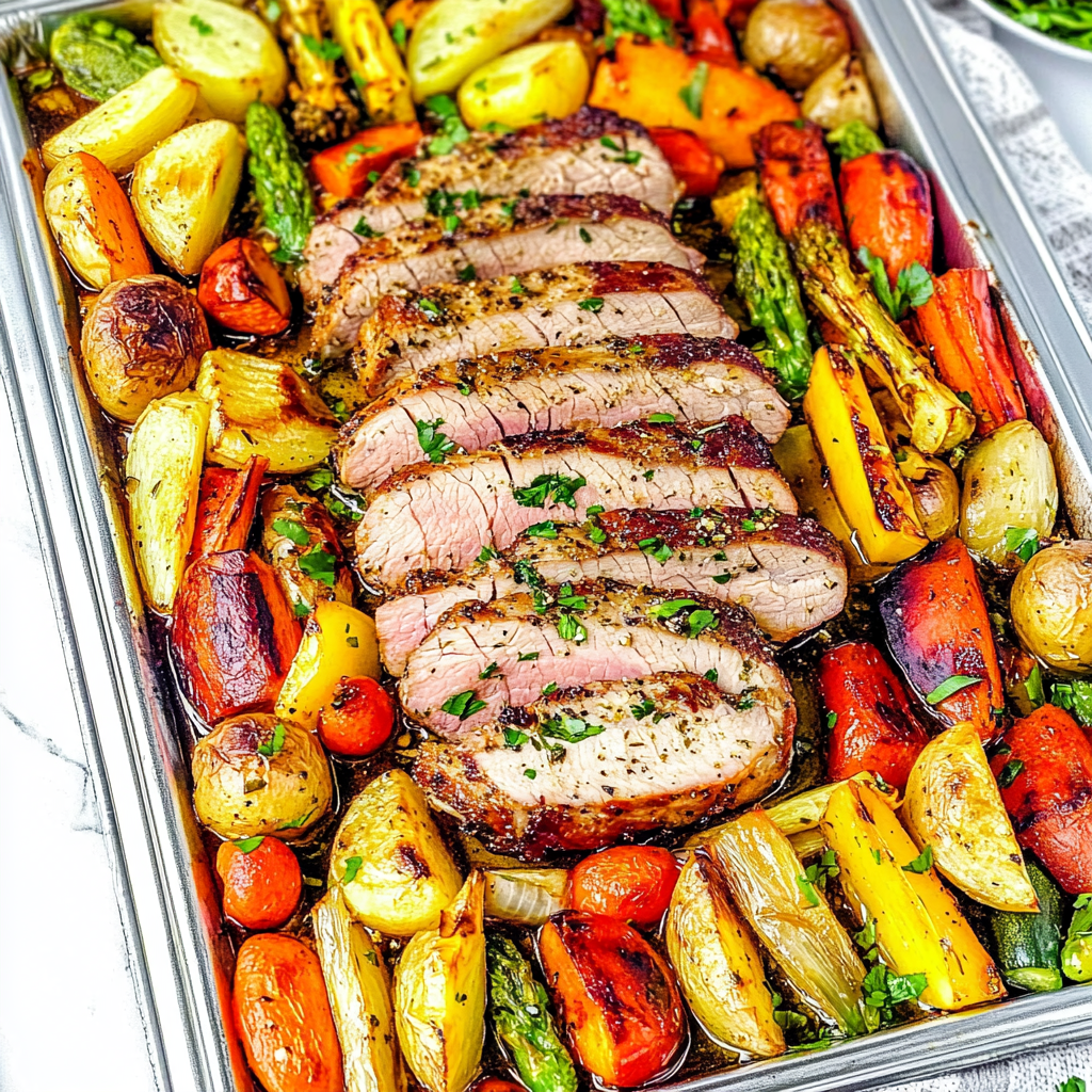 Recipe preparation for Easy Sheet Pan Pork Tenderloin with Vegetables