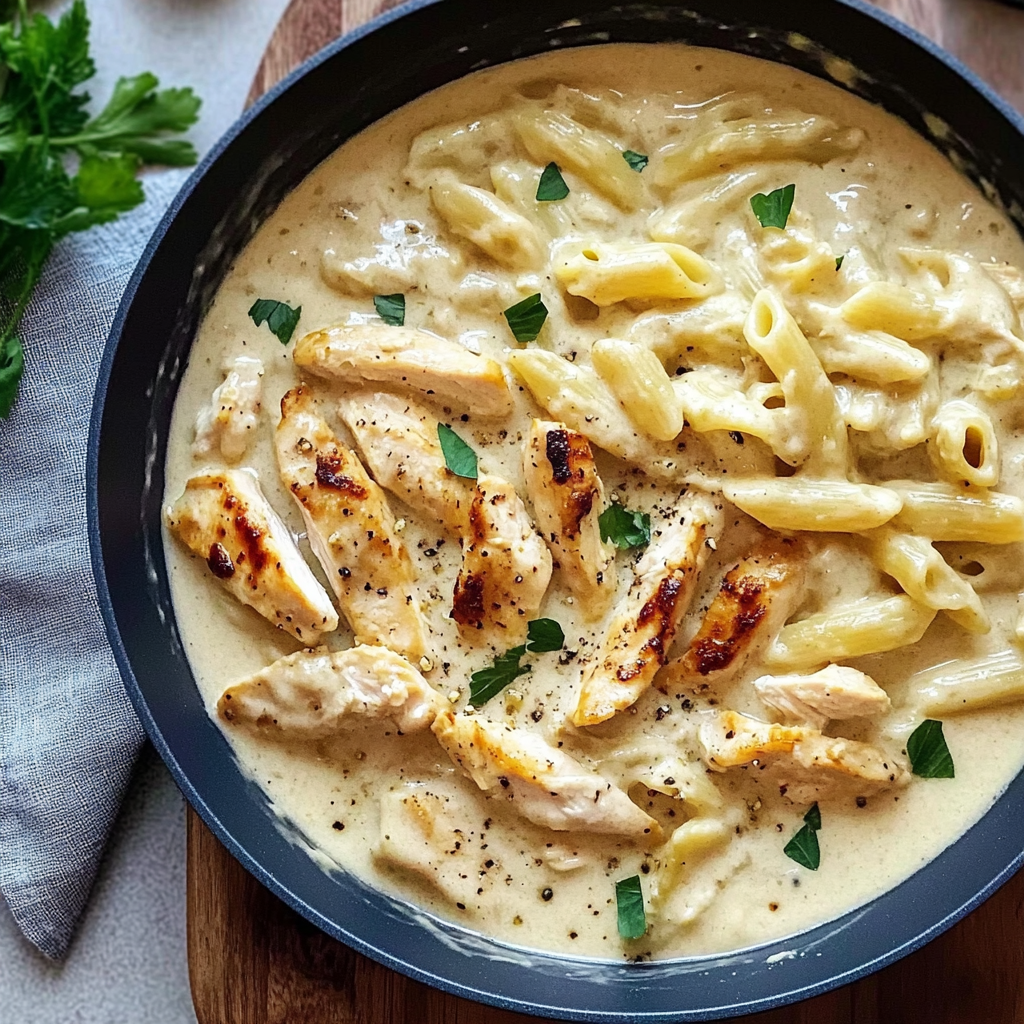 Recipe preparation for Creamy Chicken Garlic Parmesan Pasta