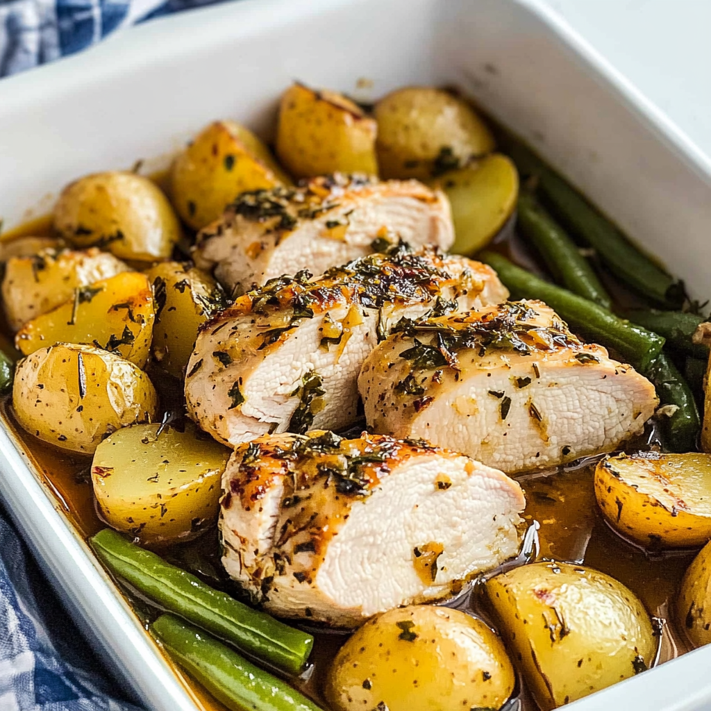 Recipe preparation for One-Pan Chicken, Potato & Green Bean Bake Recipe