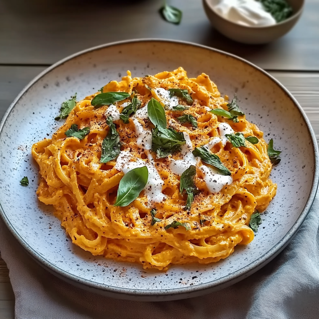Recipe preparation for Creamy Red Pepper Pasta