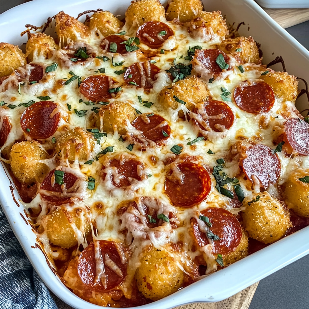 Recipe preparation for Pepperoni Pizza Tater Tot Casserole