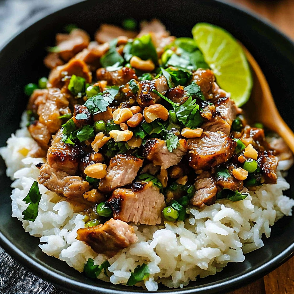Recipe preparation for Ginger Lime Pork with Coconut Rice
