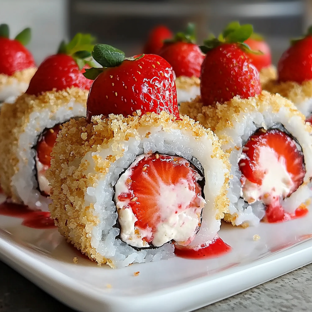 Recipe preparation for Strawberry Shortcake Cheesecake Sushi Rolls