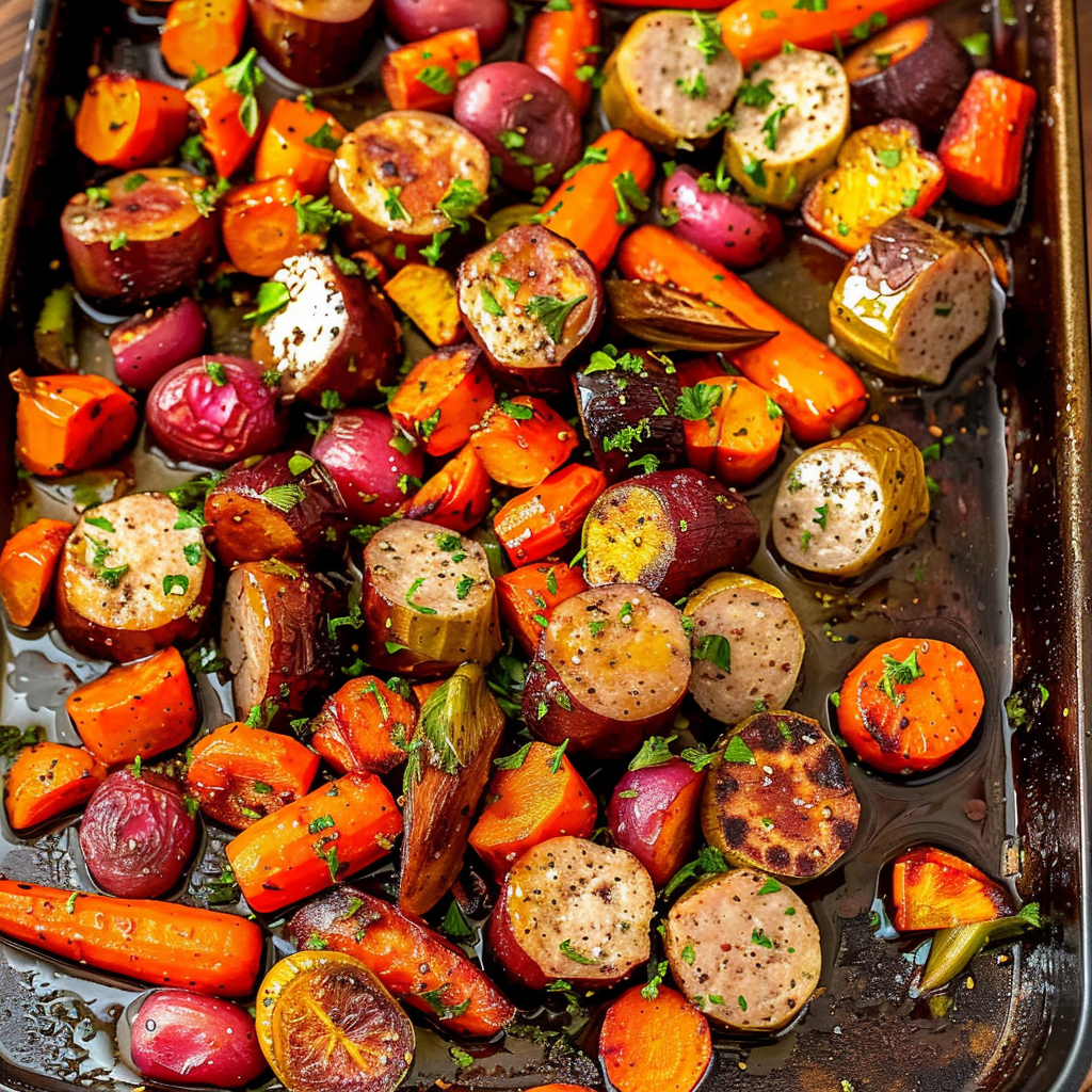 Recipe preparation for Sheet-Pan Winter Vegetables & Sausage