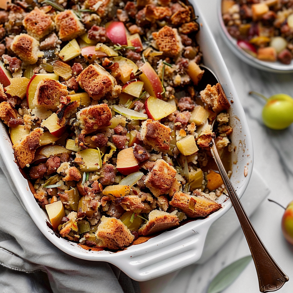 Recipe preparation for Sourdough Stuffing with Sausage, Apple & Kale