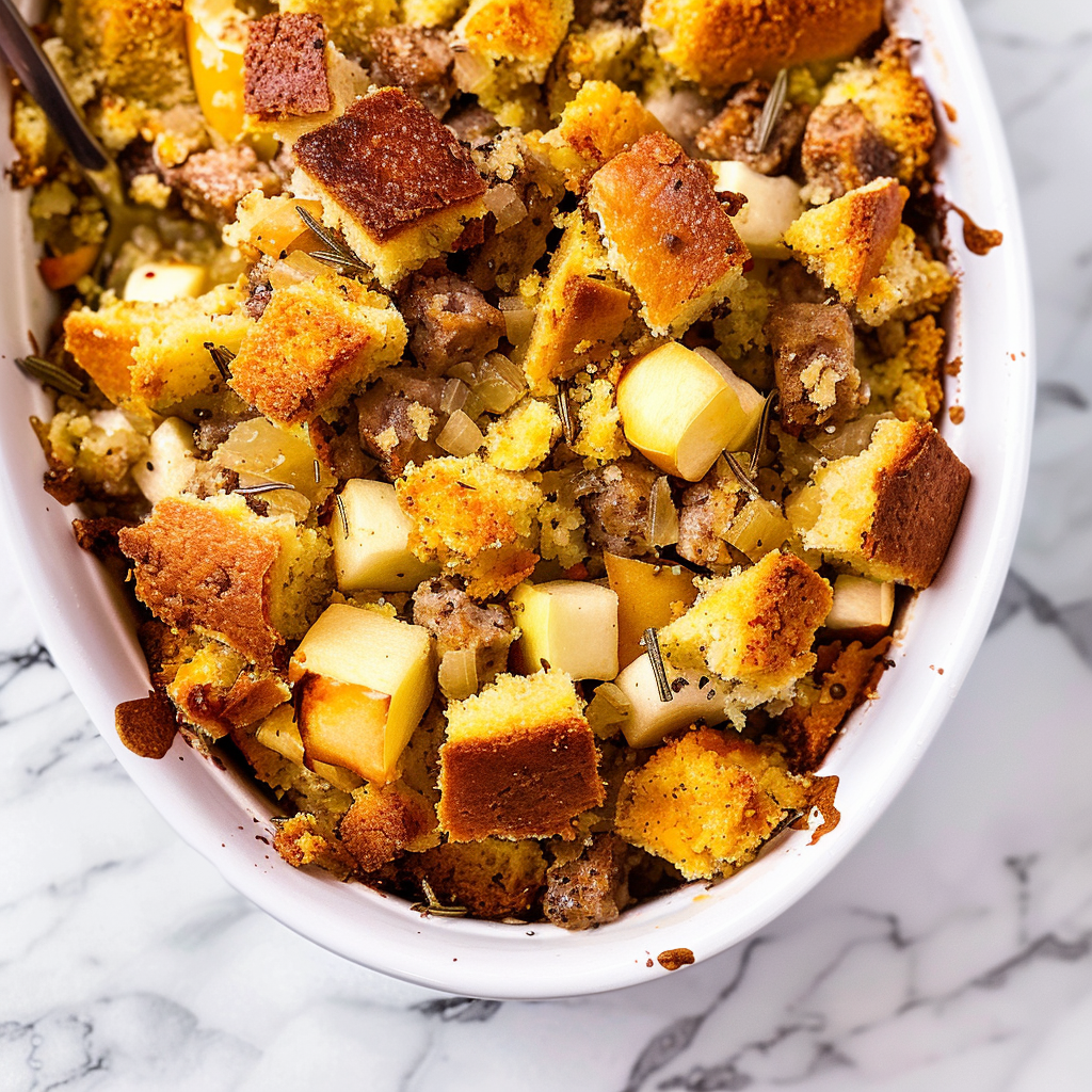 Recipe preparation for Cornbread Stuffing with Sausage, Apples & Sage