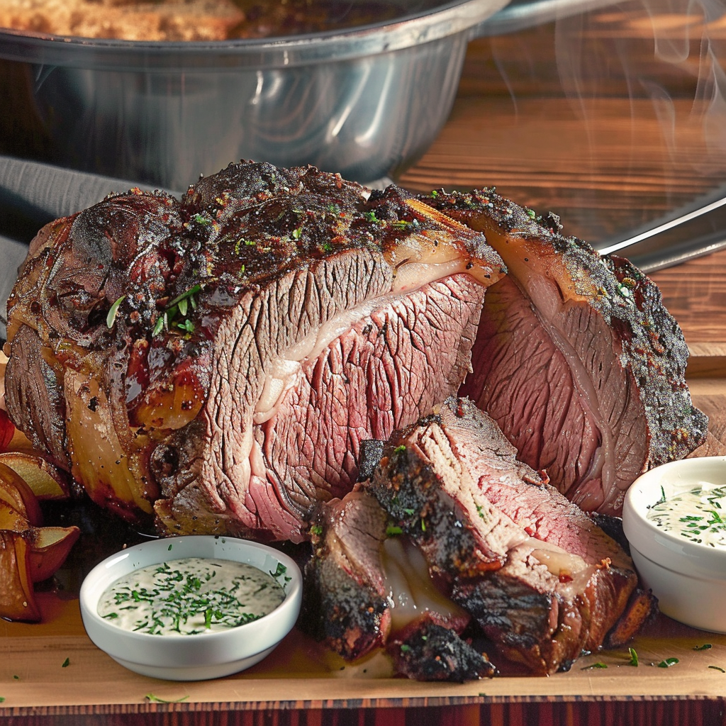 Recipe preparation for Herb-Crusted Prime Rib with Horseradish Cream