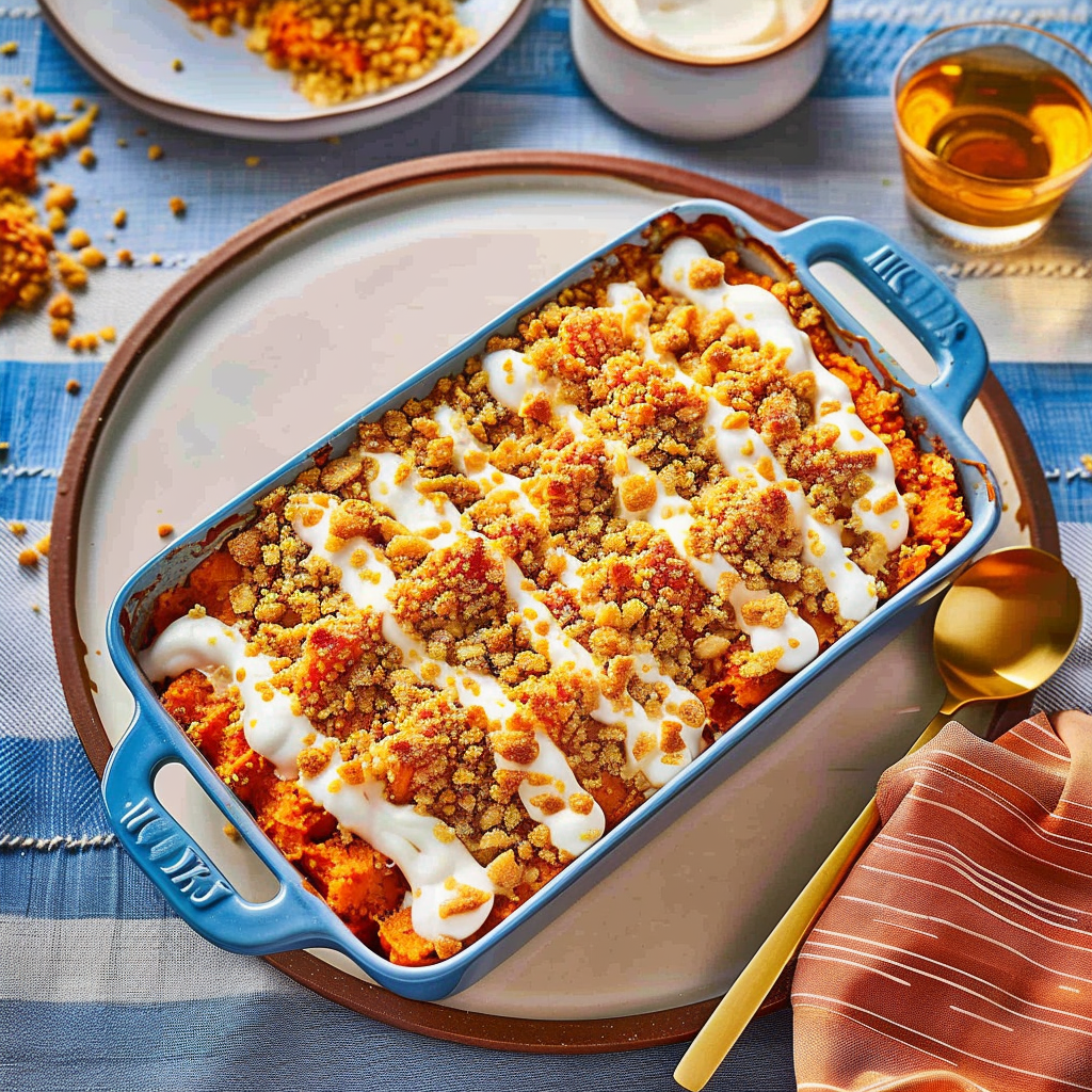 Recipe preparation for Sweet Potato & Marshmallow Stacked Casserole