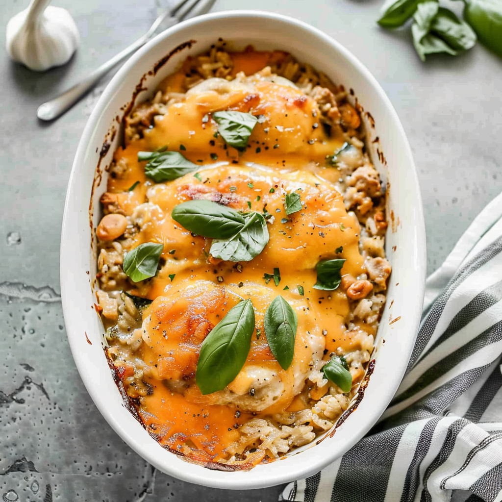 Recipe preparation for Cheesy Chicken Rice Casserole