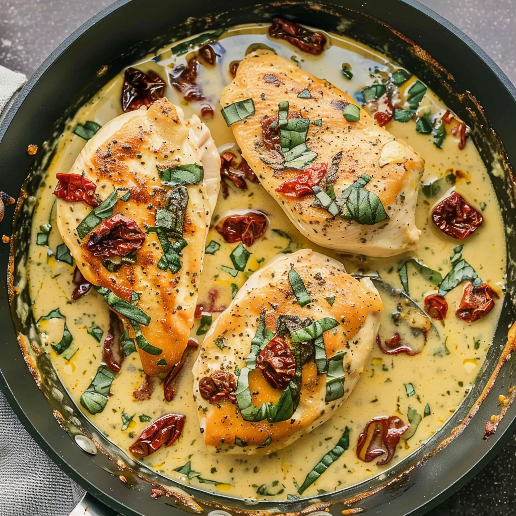 Recipe preparation for Creamy Sun-Dried Tomato Tuscan Chicken