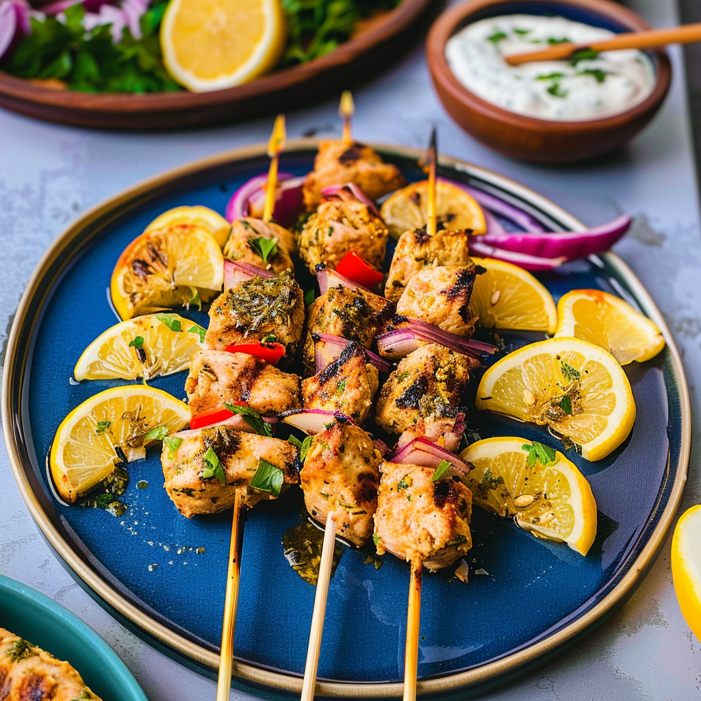 Recipe preparation for Mediterranean Lemon Garlic Pork Skewers