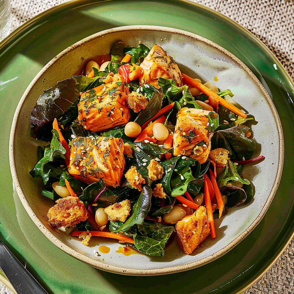 Recipe preparation for Salmon Salad with Crispy White Beans