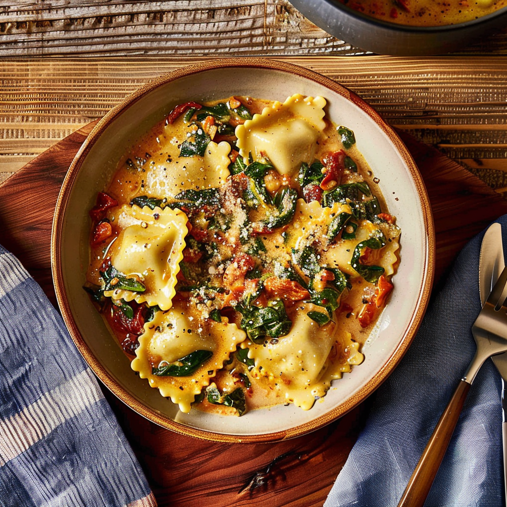 Recipe preparation for Creamy Sun-Dried Tomato & Spinach Ravioli