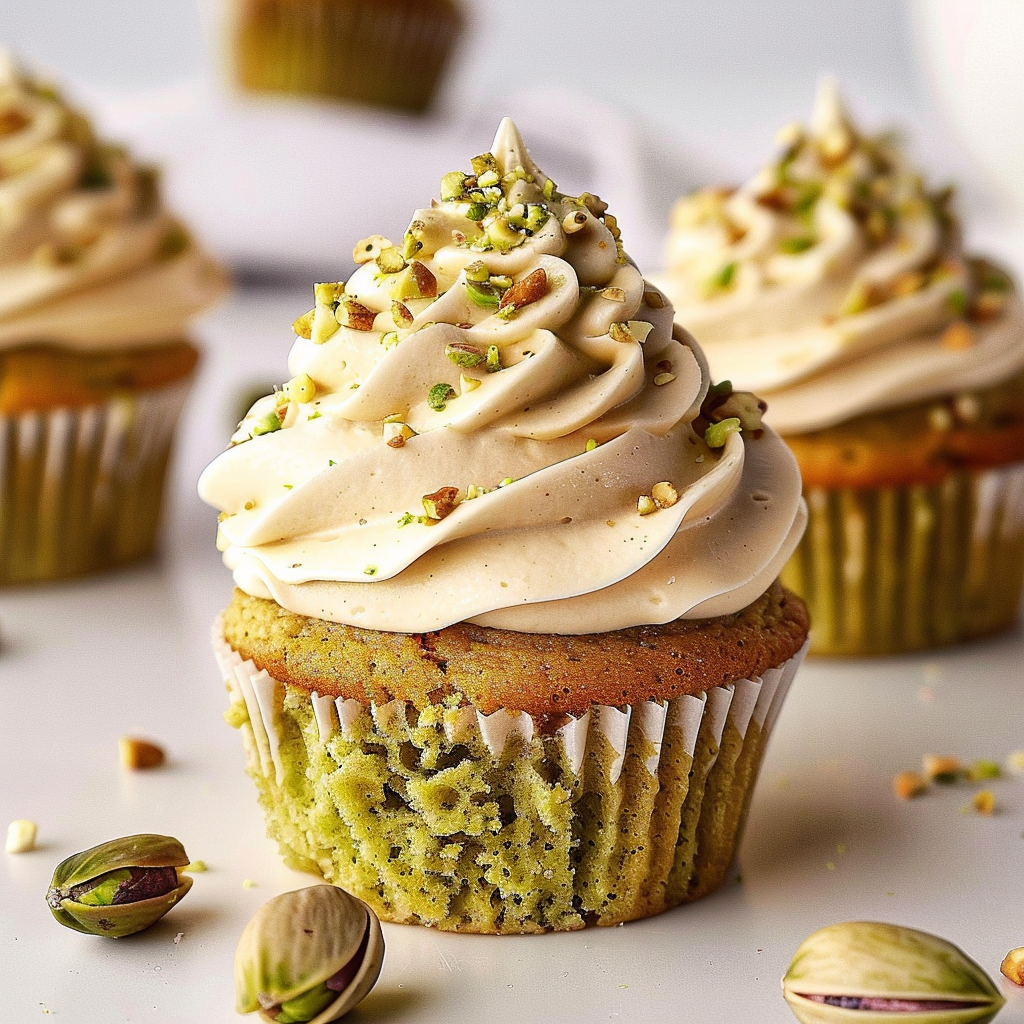 Recipe preparation for Pistachio Cupcakes with Pistachio Italian Meringue Buttercream