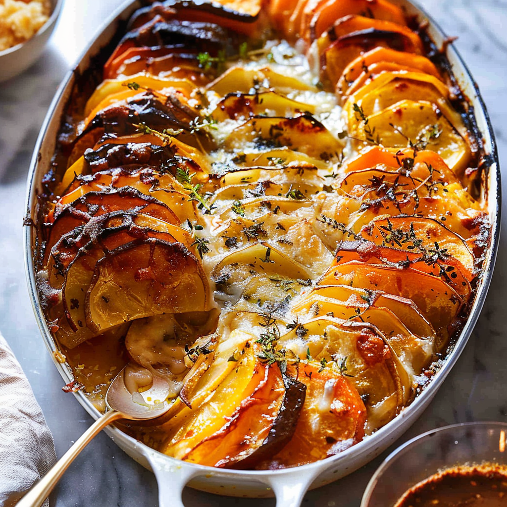 Recipe preparation for Cheesy Root Vegetable Gratin
