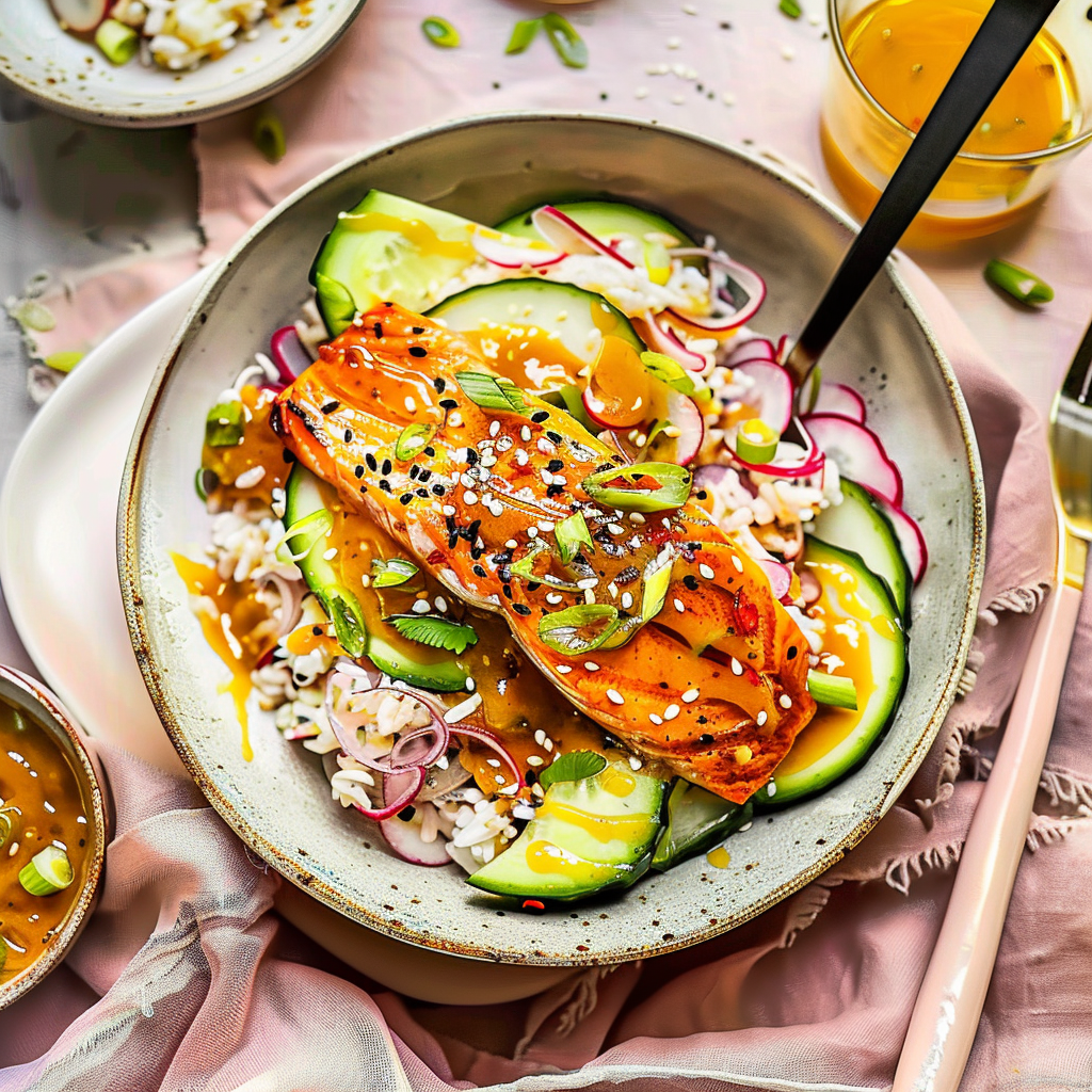 Recipe preparation for Miso Glazed Salmon Rice Bowl