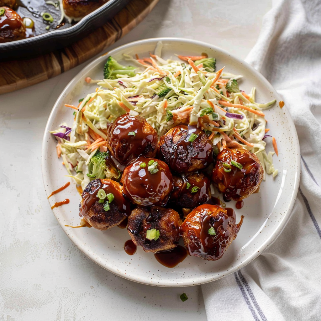 Recipe preparation for Sticky BBQ Chicken Meatballs with Broccoli Slaw