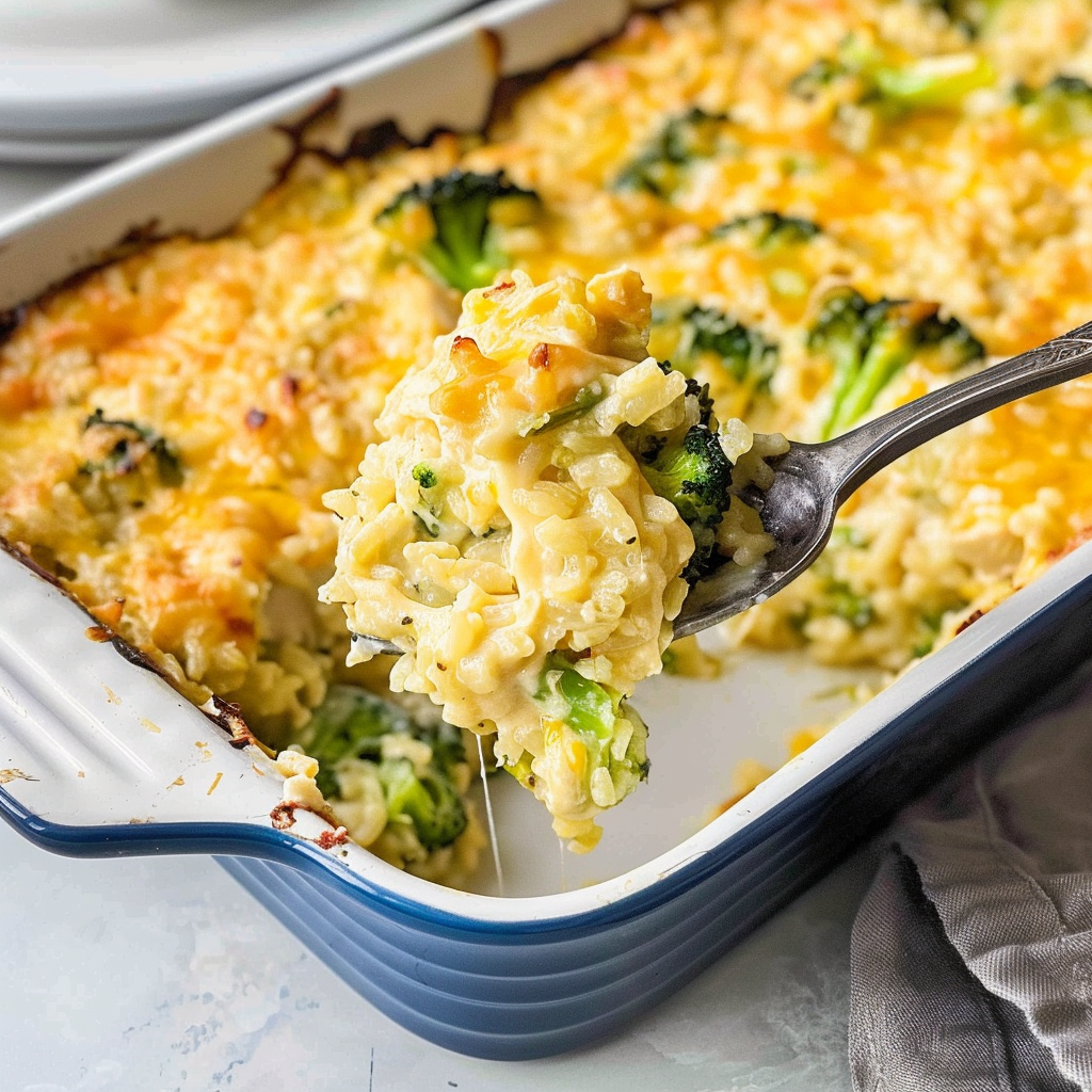 Recipe preparation for Creamy Chicken Broccoli Rice Cheese Casserole