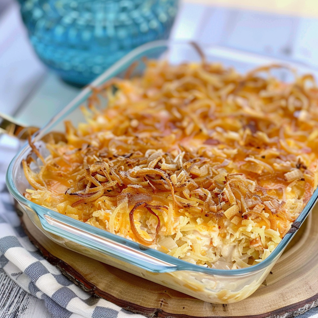 Recipe preparation for Hashbrown Casserole with Cheese and Onion Topping