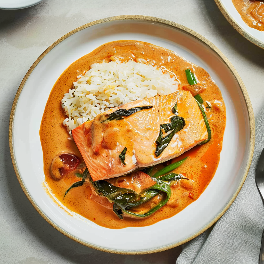 Recipe preparation for Dinner for Two Red Curry Poached Salmon