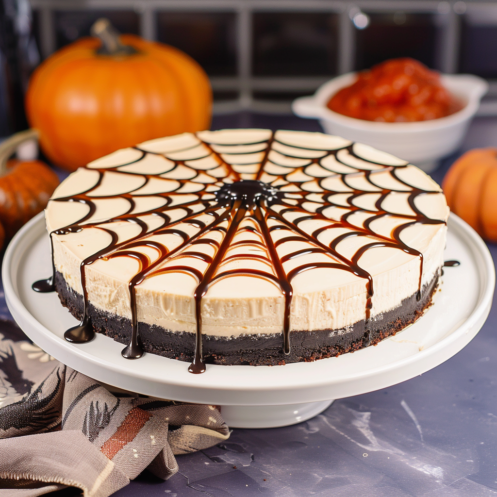 Recipe preparation for Halloween Dessert No-Bake Spider Web Cheesecake