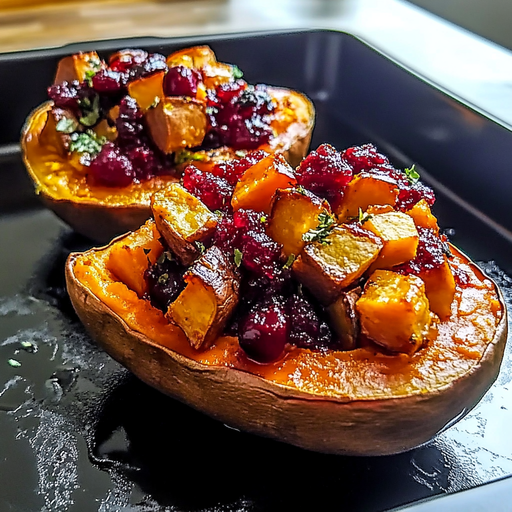 Recipe preparation for Cranberry Apple Twice-Baked Sweet Potatoes