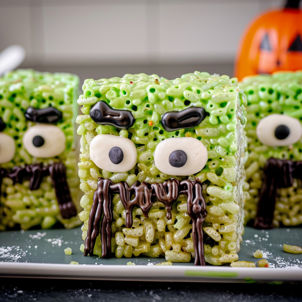 Recipe preparation for Easy Halloween Franken-Rice Krispie Treat